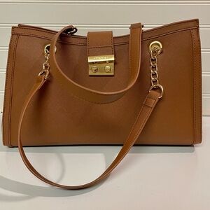 Anne Klein EUC Shoulder Tote Bag Faux Leather Chain Handles Zipper Closure Brown